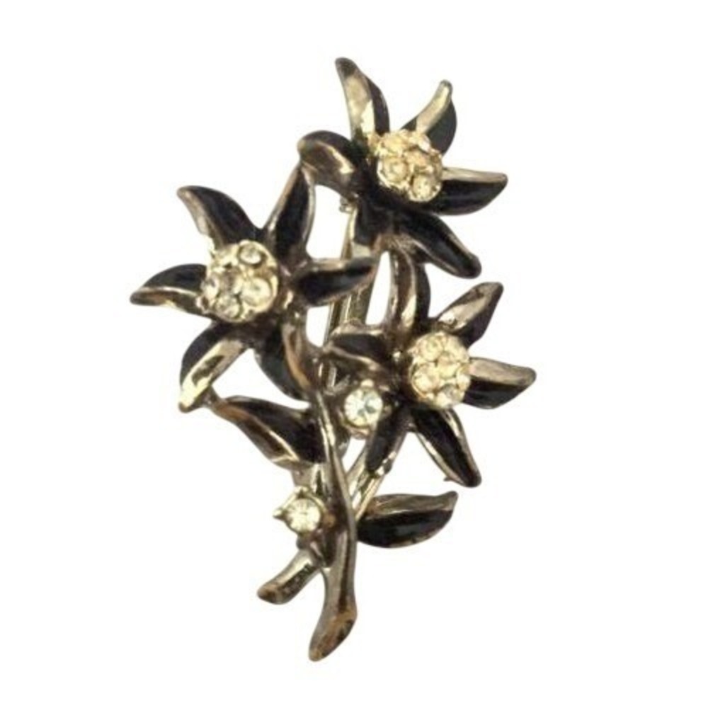Vintage Old Black Enamel Flowers Clear Rhinestone Silver Toned Brooch Pin